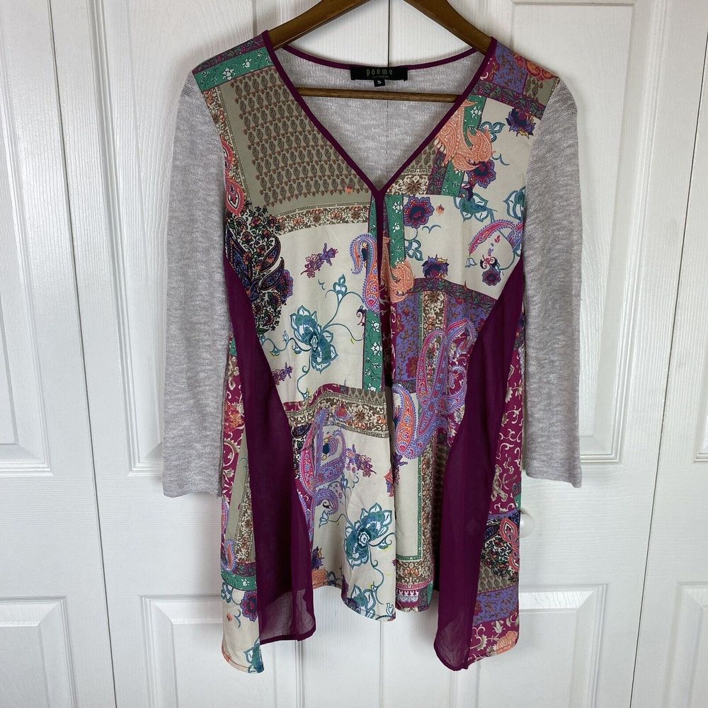 Poem Citron Santa Monica S Small blouse Top Paisley floral Panel Knit Long Sleev